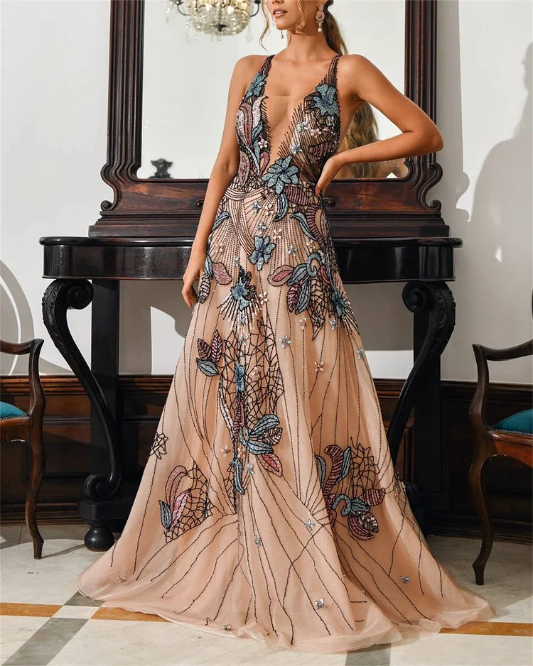 Women's V-neck Sleeveless Embroidery Dress
