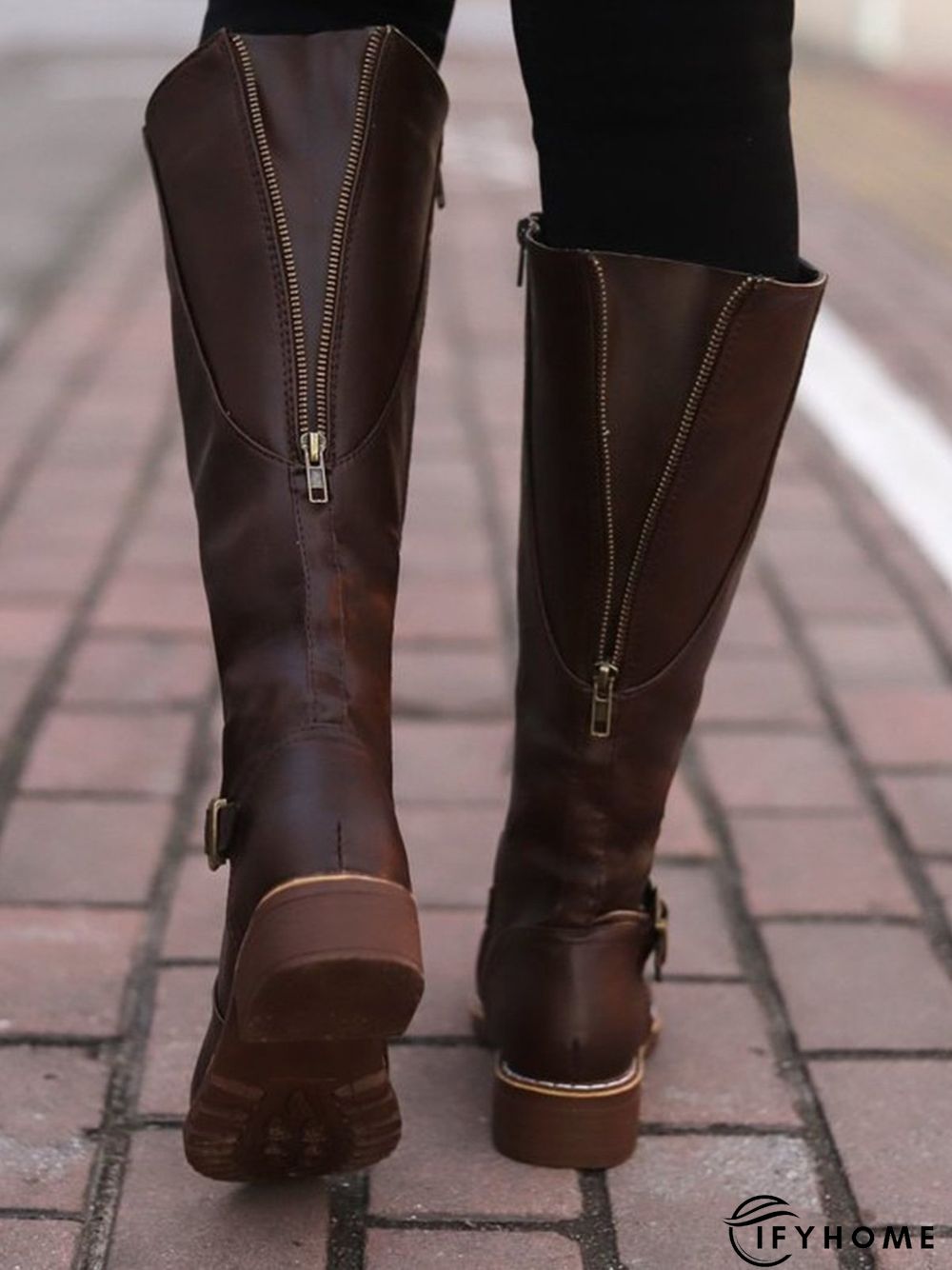 Vintage Round Toe Buckle Tall Boots Chunky Heel Riding Boots | IFYHOME