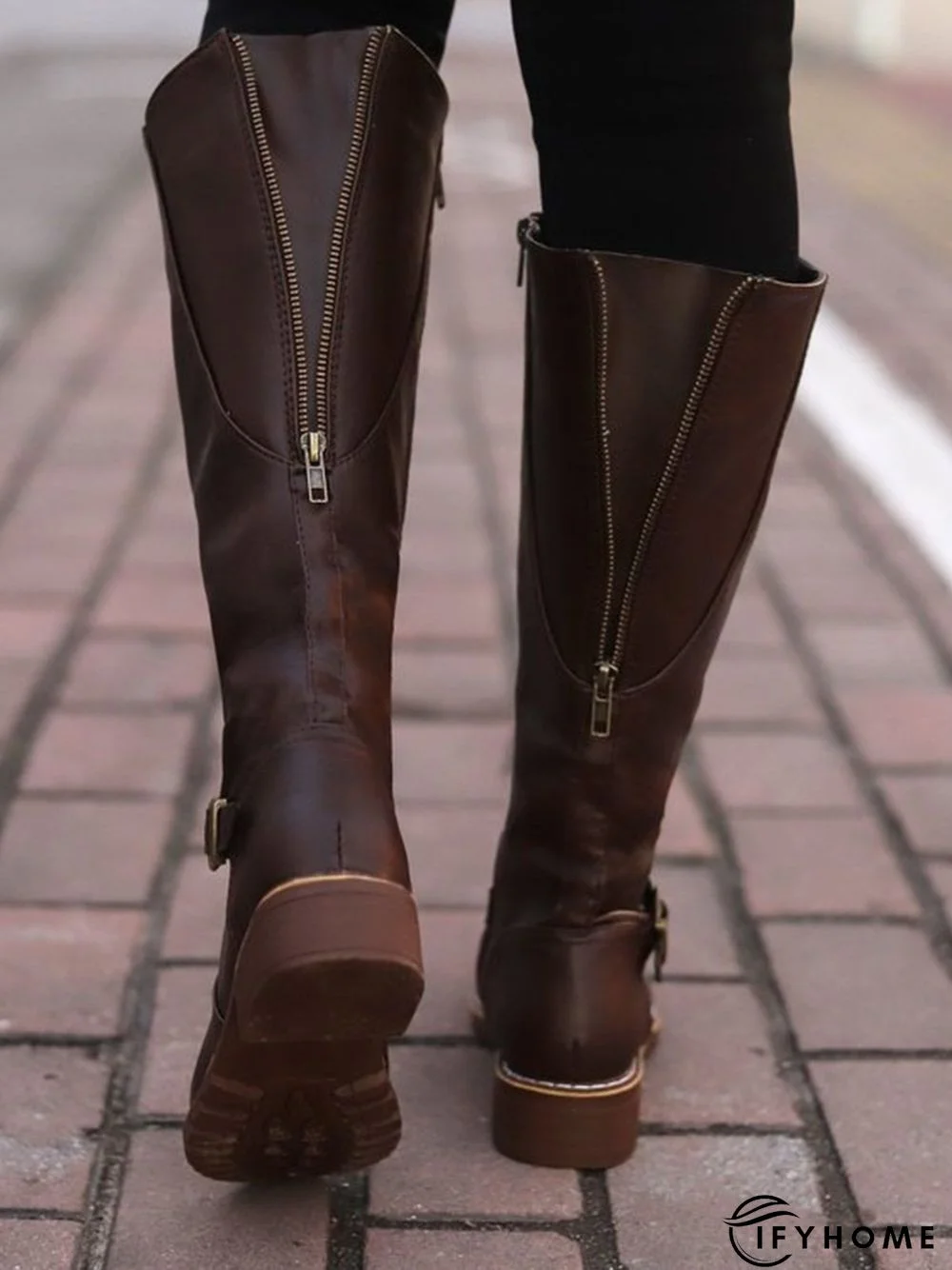 Vintage Round Toe Buckle Tall Boots Chunky Heel Riding Boots | IFYHOME
