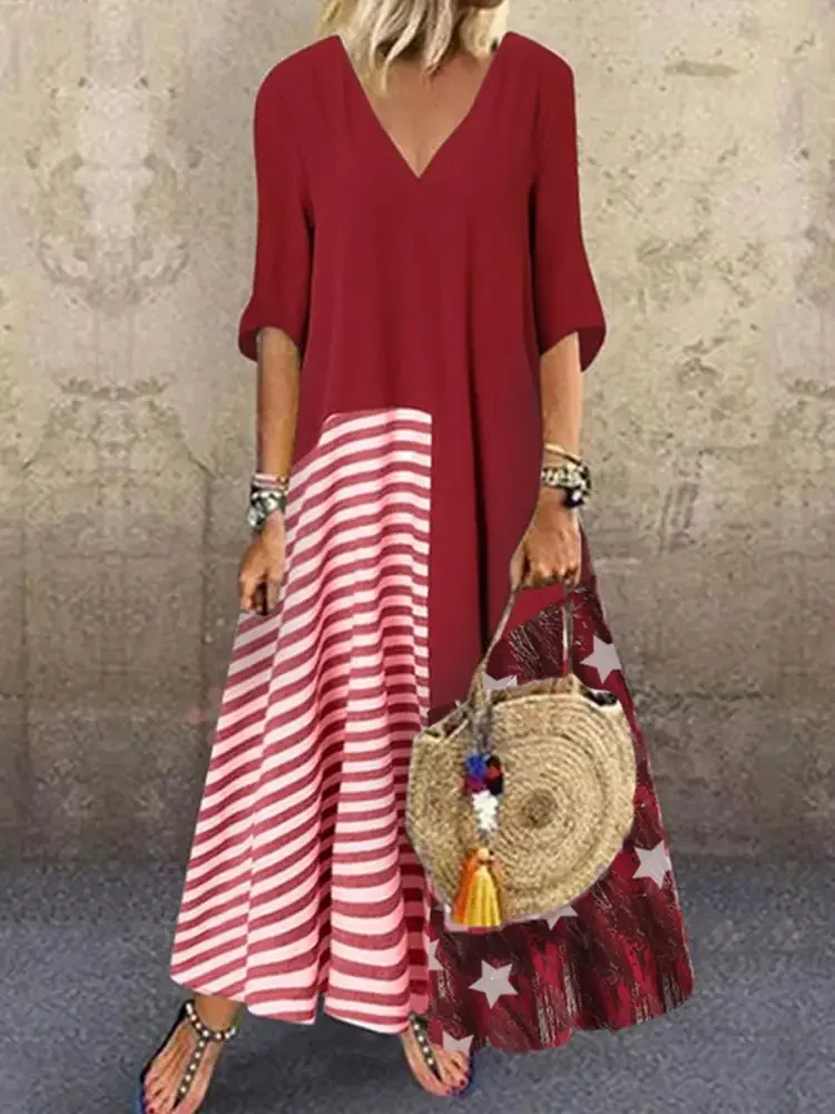 Star Fashion Print V-neck FivePart Sleeve Patchwork Dress