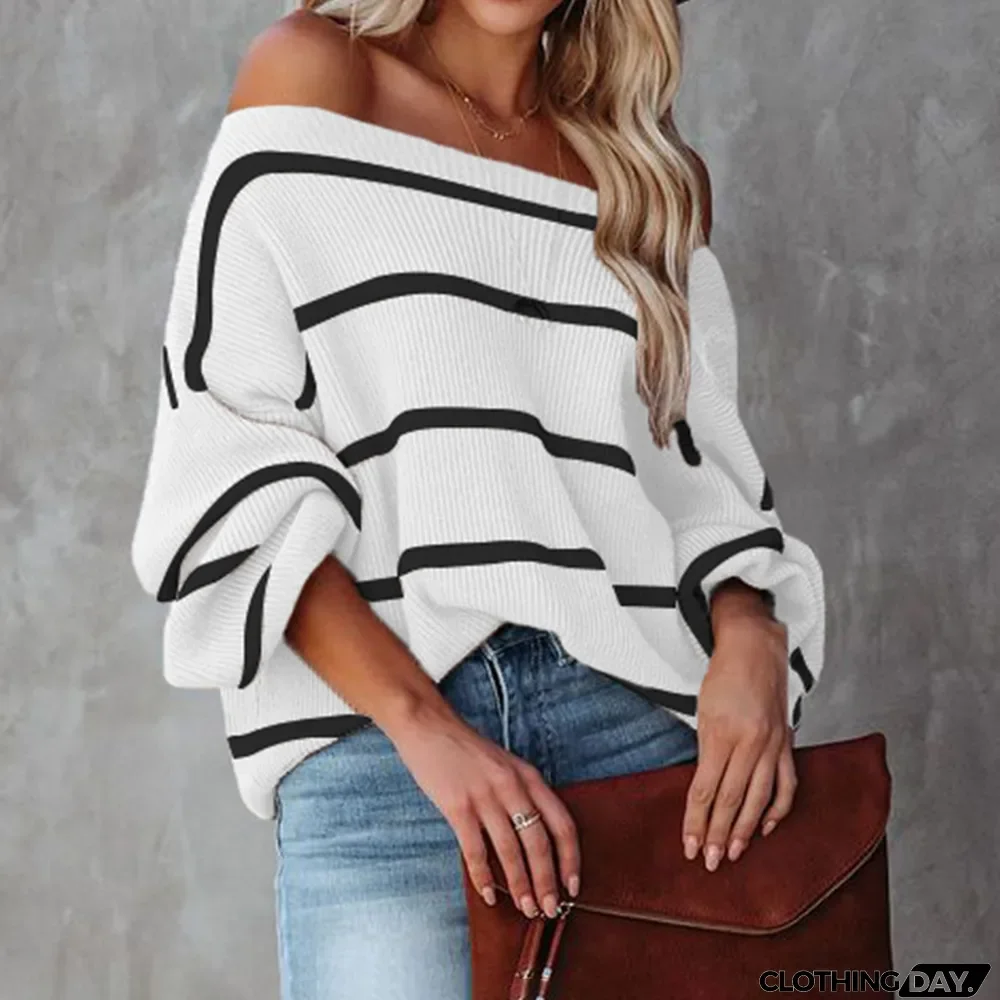Women's Autumn And Winter Off Shoulder Striped Knitting Shirt Sexy Lantern Sleeve Sweater