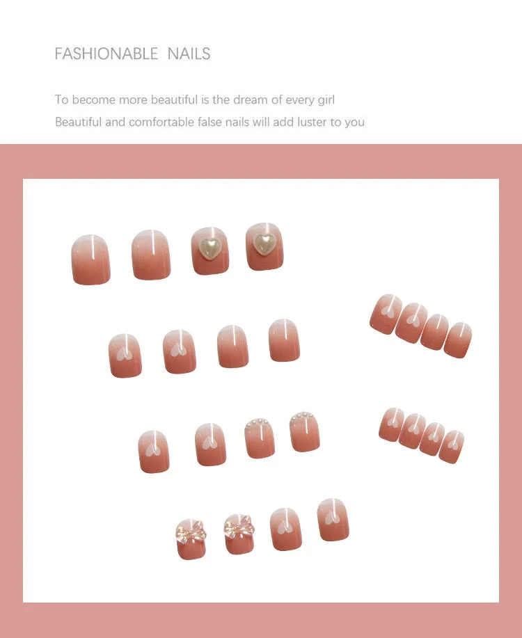 24pcs press on nails box Love Heart Print Nail Patch Pearl Inlaid Glue Type Removable Short Paragraph Fashion Manicure nail tips-Nail Inspo
