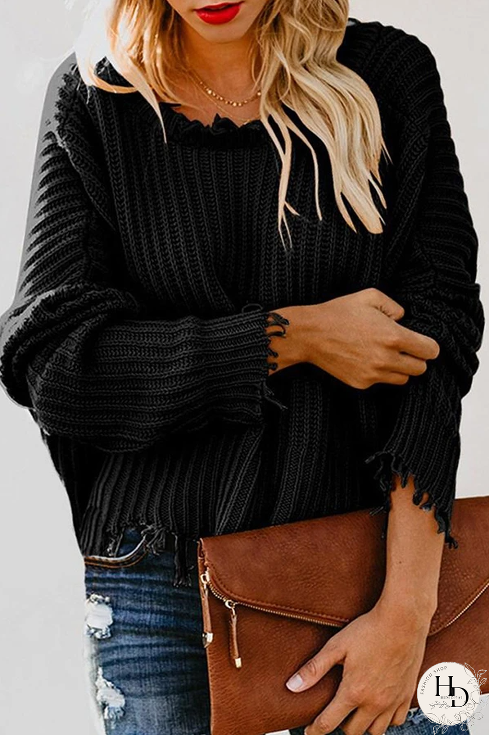 V-Neck Fringed Long-Sleeved Sweater