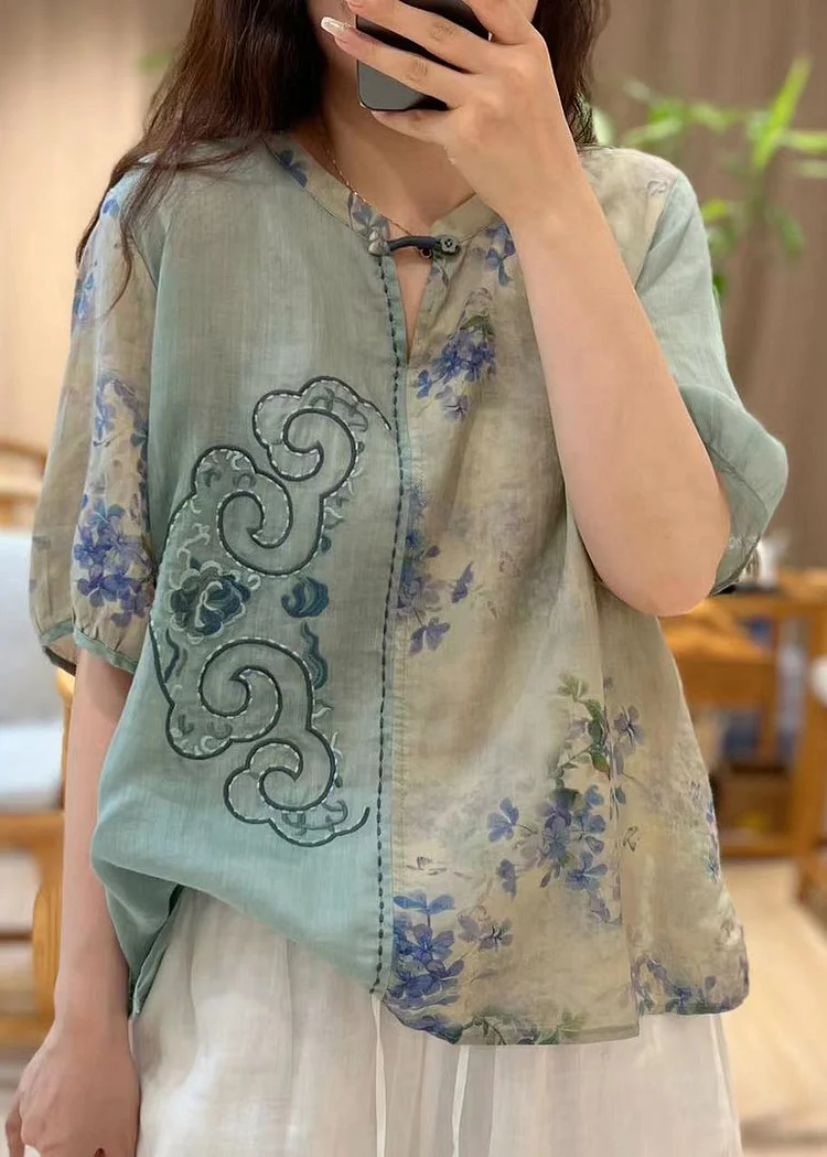Chic Blue Embroideried Print Patchwork Linen Tops Half Sleeve