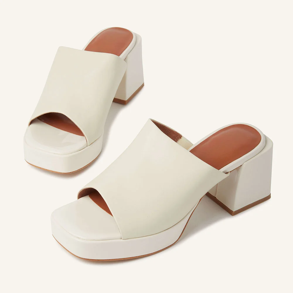 Ivory Open Square Toe Block Heel Simple Platform Slide Sandals