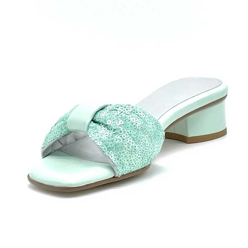 Light Green Sequin & Satin Square Toe Block Heel Women's Mules Shoes Nicepairs