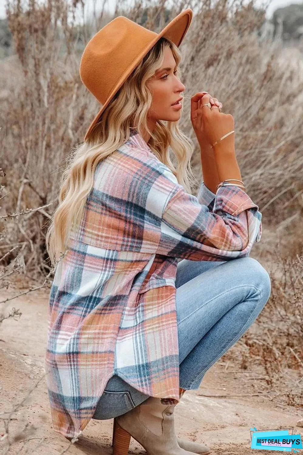 Pink Black/Pink Plaid Flap Pockets Shacket