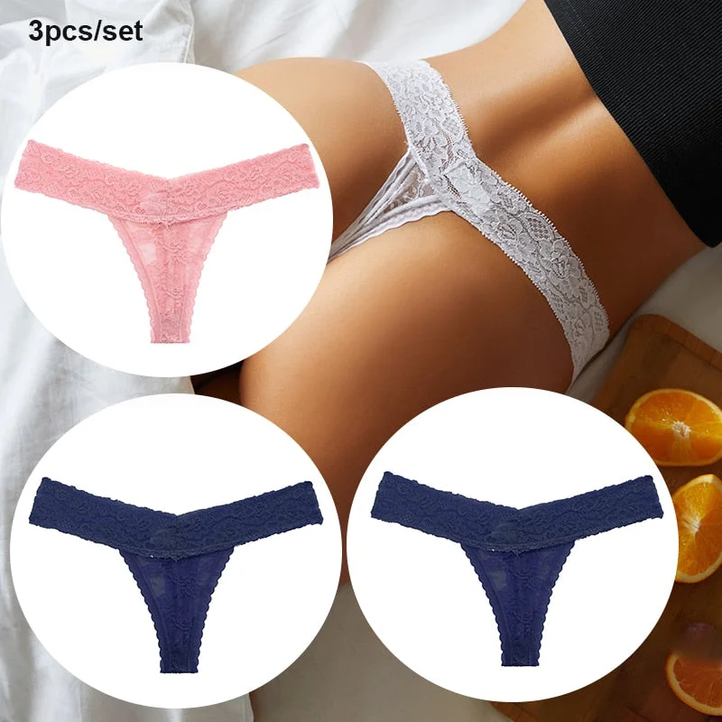 FINETOO 3PCS/Set Women Lace Sexy G-string Perspective Lingerie Temptation Panties Thong Underwear Panty Female Intimates M-XL