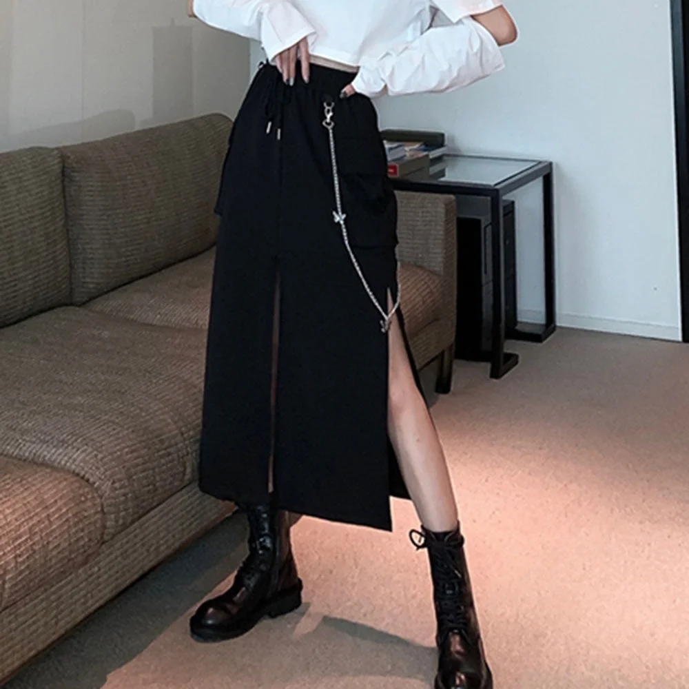 Rosetic Punk Girl Gothic Skirt Women Lace-Up Pocket Split Sexy Chain Cool 2020 Autumn Fashion High Waist Midi Skirts Summer