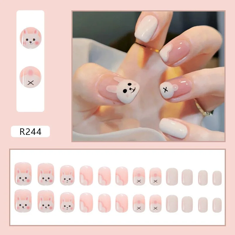  24pcs Cartoon Rabbit Printed Fake Nail Patch Girl Women Nail Sweet Style Patch Short Full Cover Detachable False Nail Patches