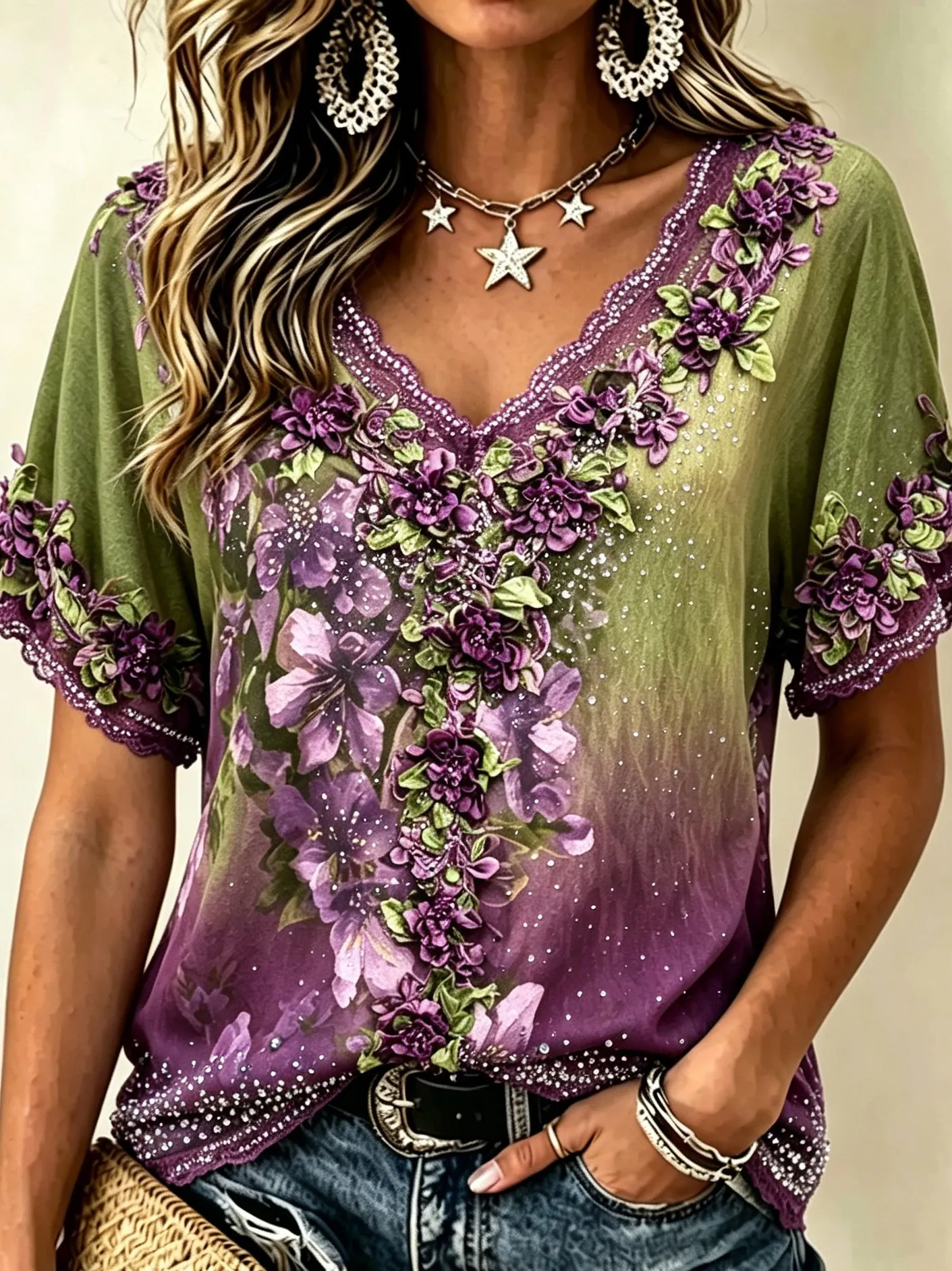 Comstylish Women's Retro Bohemian Floral Embroidery Sequin Print Short-sleeve V-neck Top