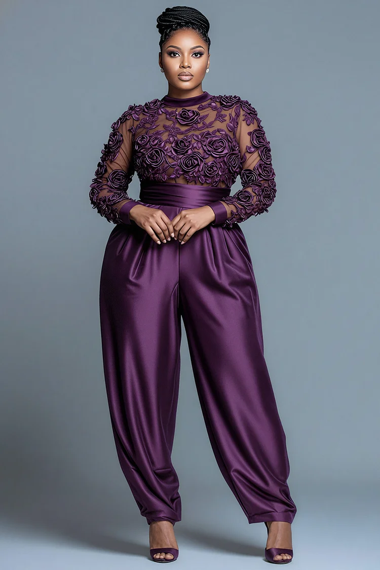 Xpluswear Design Plus Size Formal Purple Round Neck Long Sleeve 3D Elegant See Through Satin Jumpsuits 2024 - Xpluswear