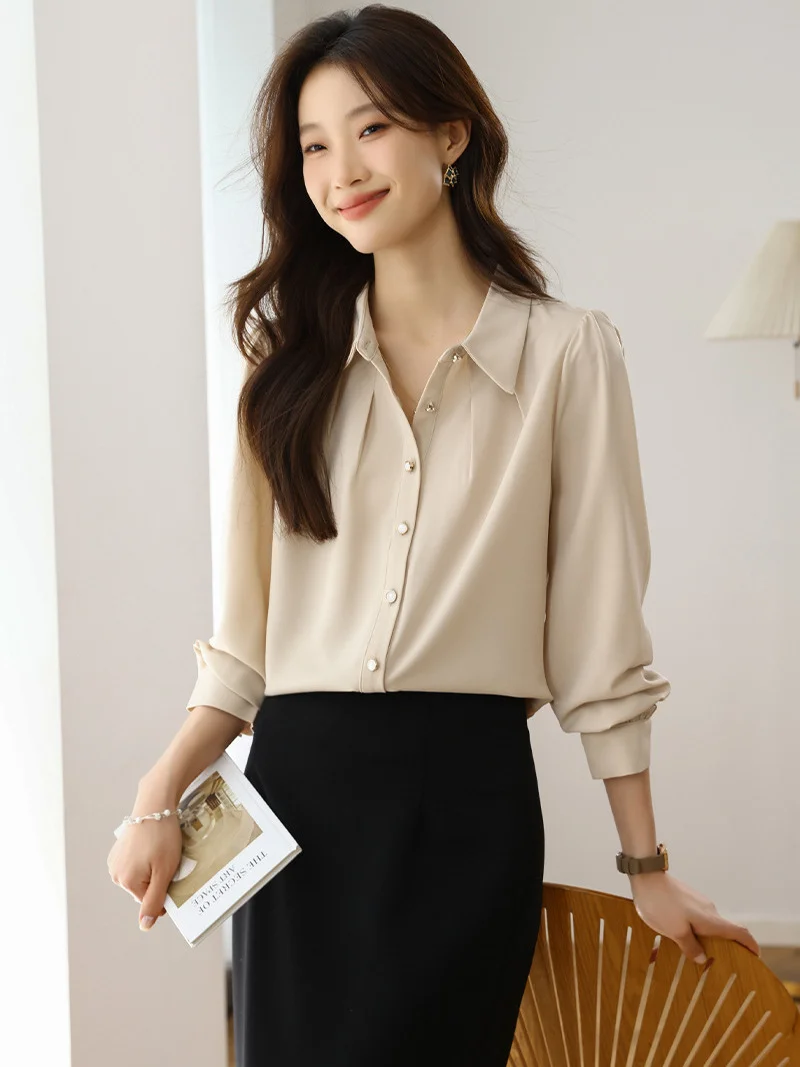 Athvotar Athvotar 2025 New Solid Color Shirt Slim Fashion Shirt Elegant Temperament Commuting OL Chiffon Shirt