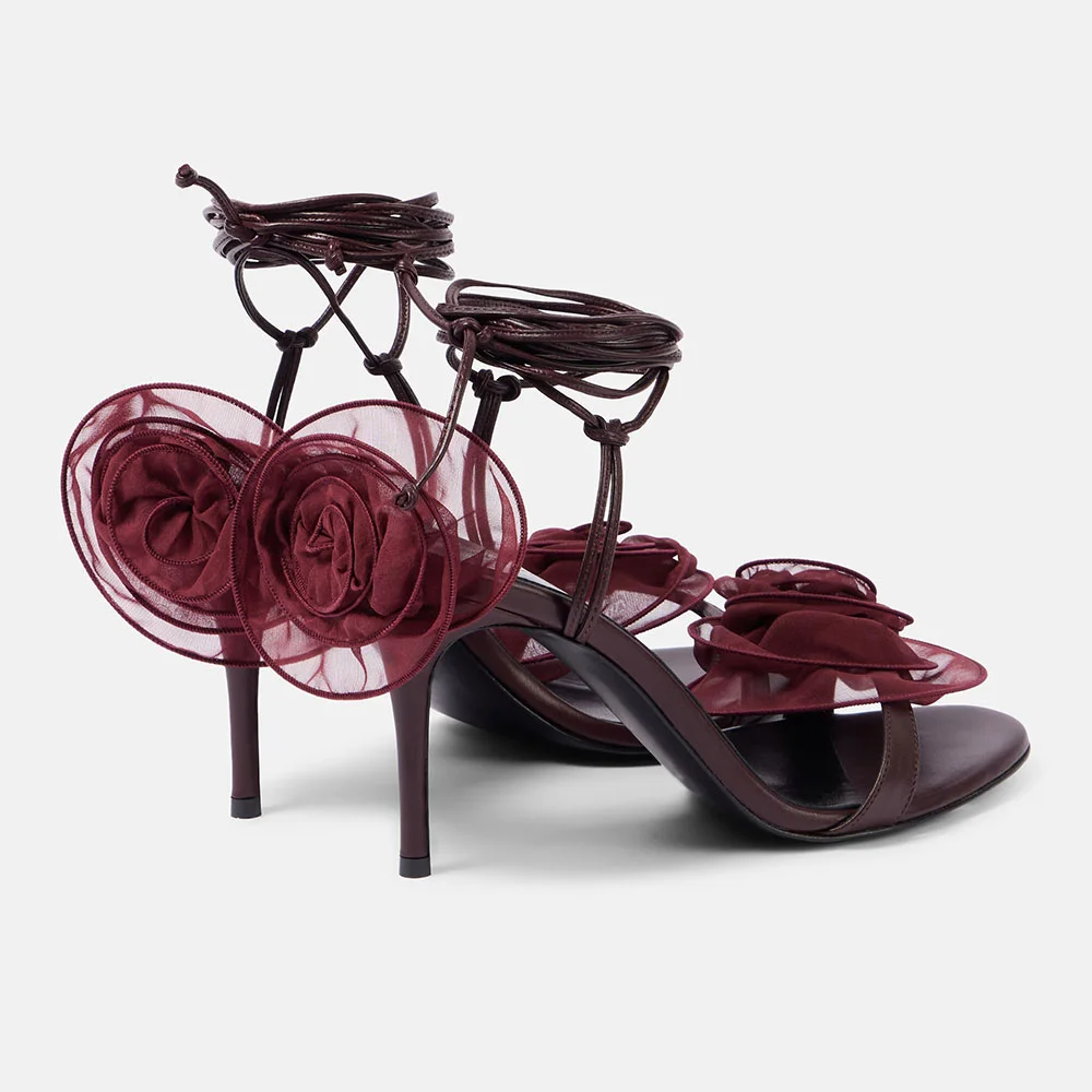 Sexy Maroon Open-Toe Flower Decor Lace-Up Women's Heel Sandals