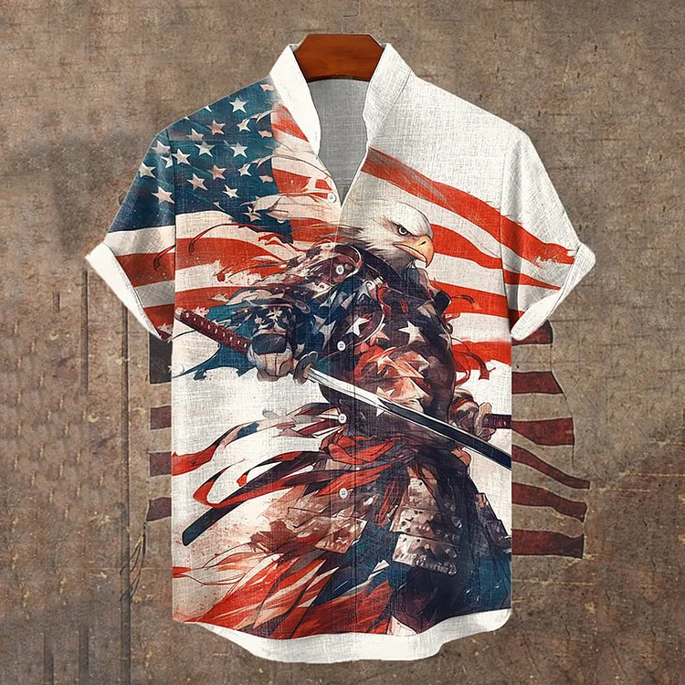 Comstylish Japanese Art Eagle General Warrior American Flag Ink Painting Short Sleeve Linen Blend Shirt