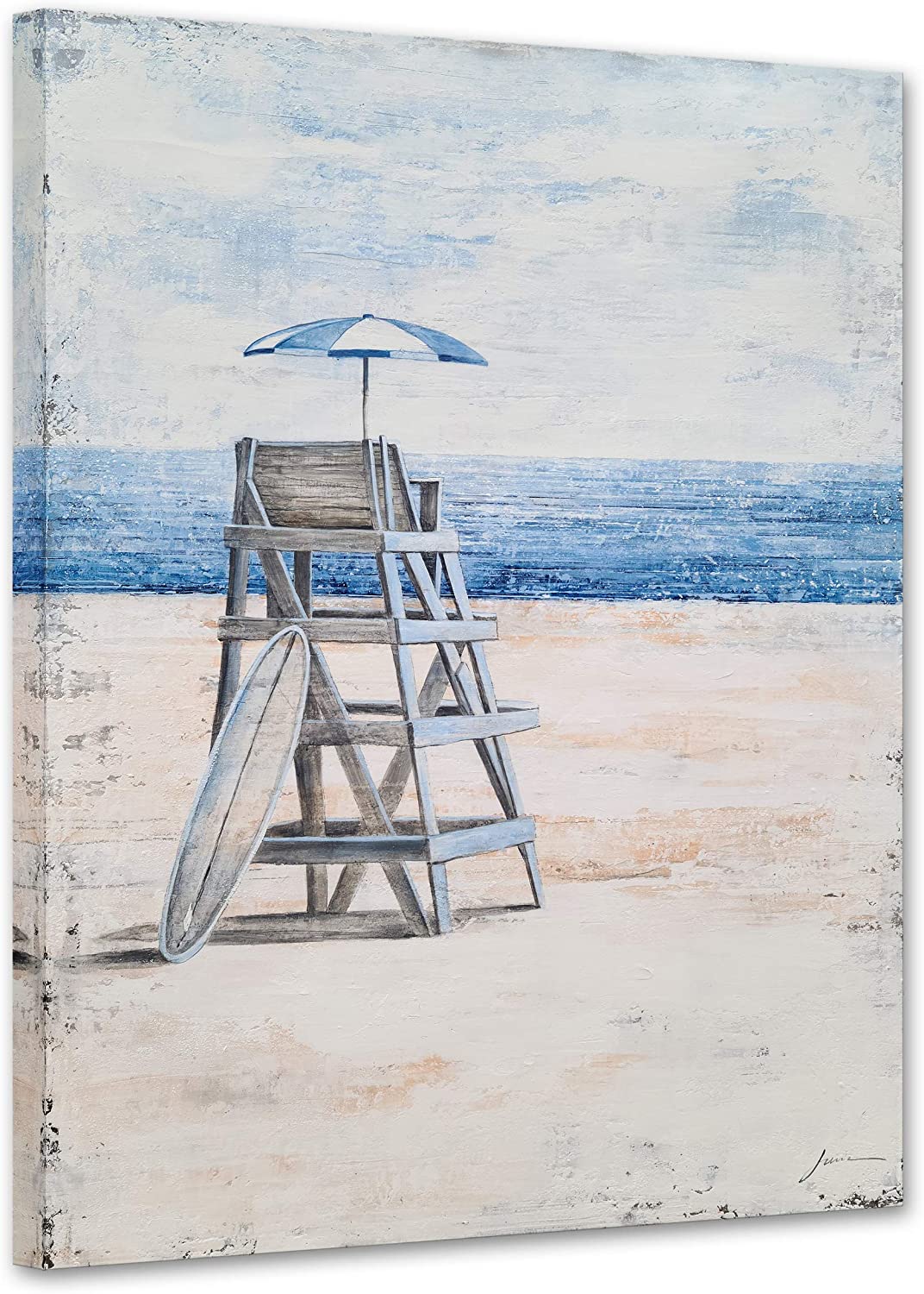 Yihui Arts Ocean Canvas Wall Art with Textured Abstract Beach Paintings with Ladder and Umbrella Contemporary Coastal Pictures with Blue Color for Living Room Bedroom Bathroom Decor Beach With Ladder