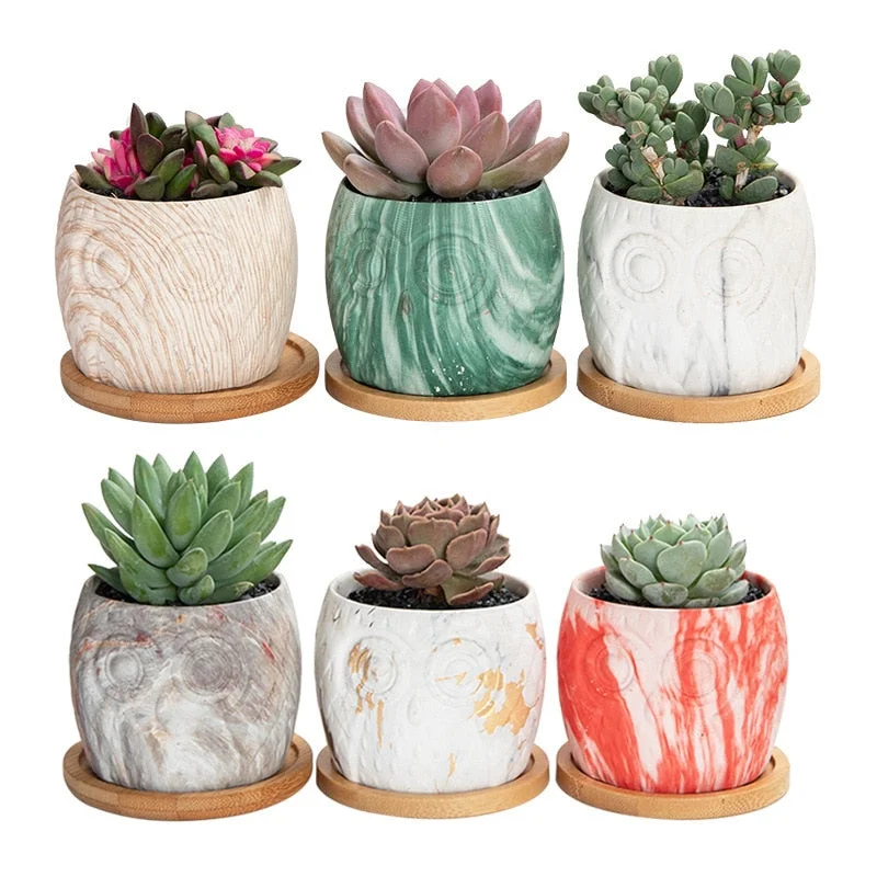 6pcs/set Mini Ceramic Cartoon Owl Flower Pot Desktop Garden Pots Plants Imitation Marble Pattern Ceramic Plant Pots Planter