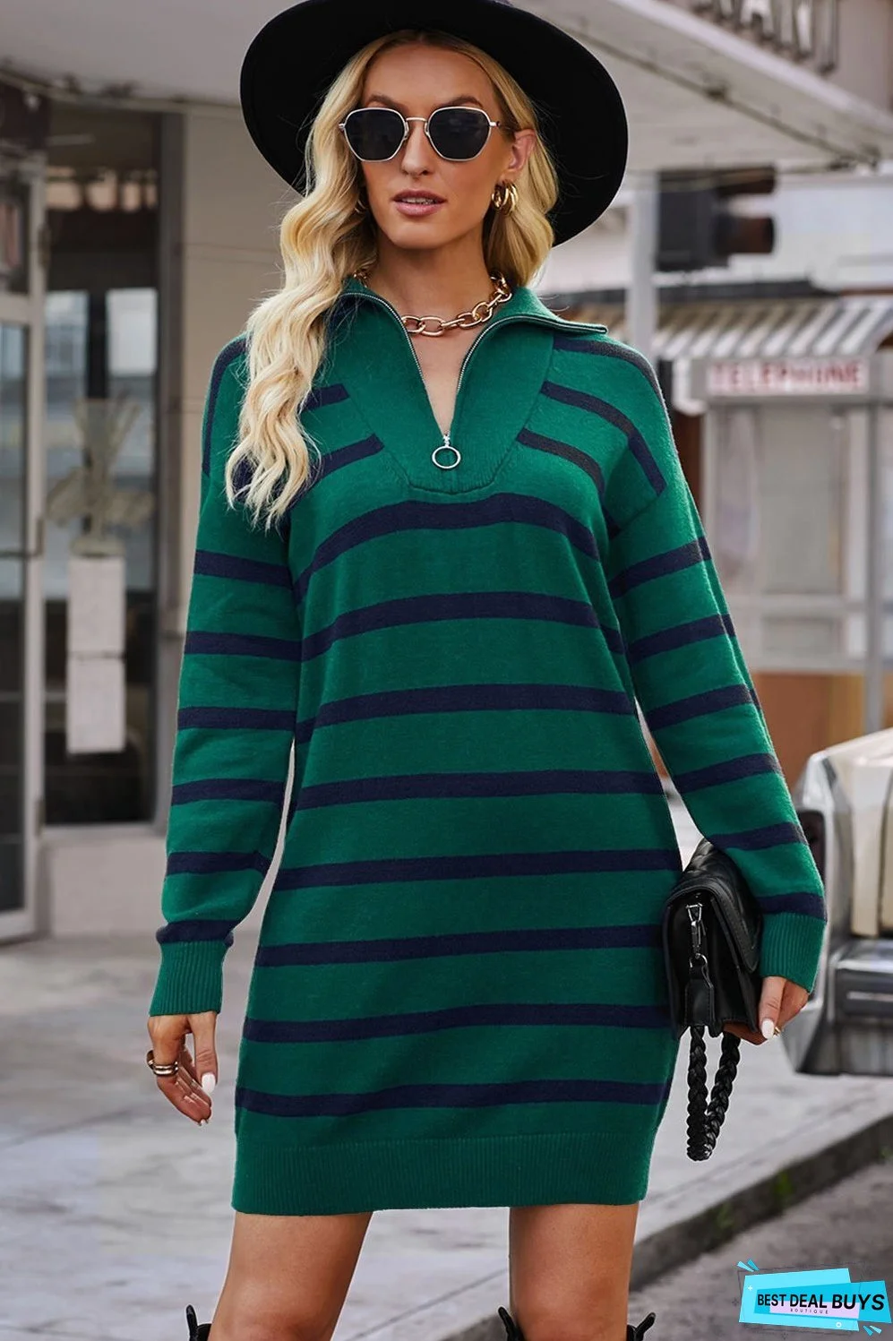 Striped Quarter-Zip Collared Sweater Dress