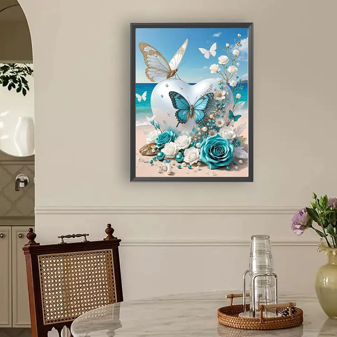 Beach Butterfly Full DIY 5D Round Drill Gem Art Diamond Painting Kits 11.81x15.75 in Diamond Dots Paintings Picture Arts Craft Diamond Art Kits for Adults/Beginners Gift Idea Home Decor