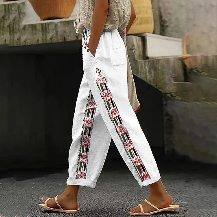 Retro Hoping Peace Forever Palestinian Inspired Linen Blend Casual Pants