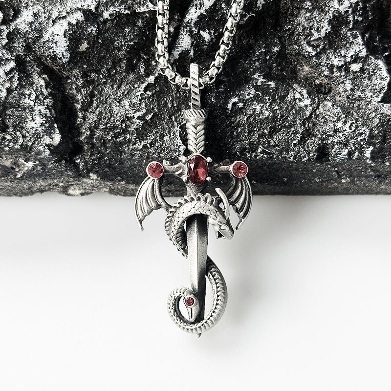 Pure Pewter Vintage Dragon Sword with Ruby Pendant Necklace