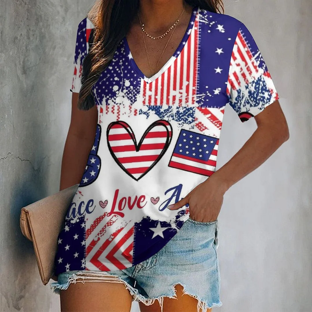 V-neck Short Sleeve Casual T-shirt for  Women Printed with Pattern USA, Independence Day, Star, Striped, Blue, Red