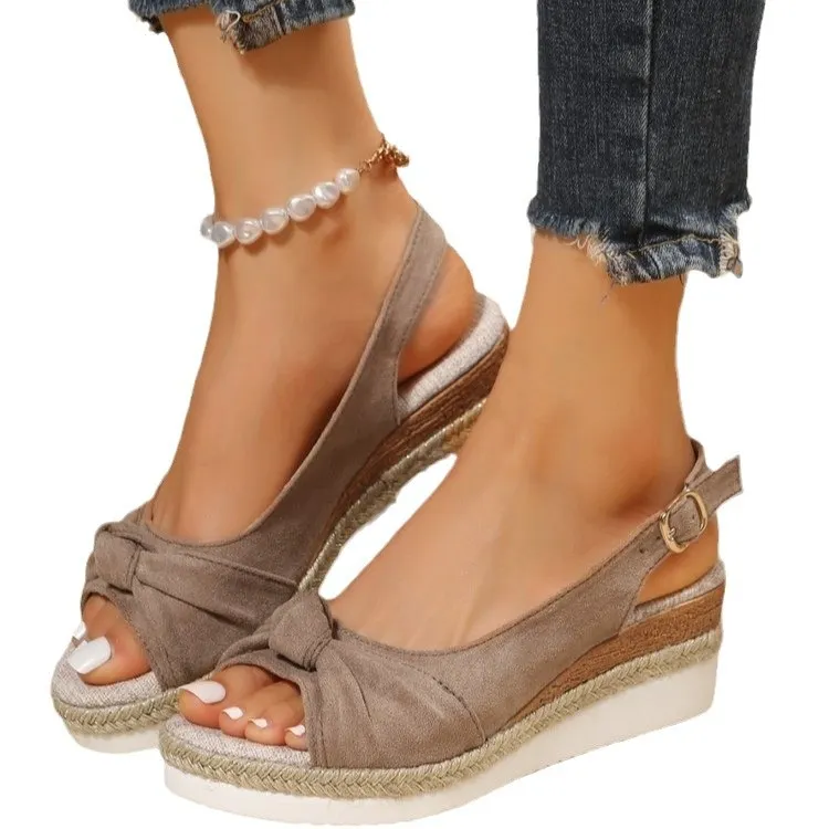 Breakj Breakj Velvet Hemp Rope Bow And Sandals Women's Casual Slopes And Thick-Soled Sandals Women's Shoes
