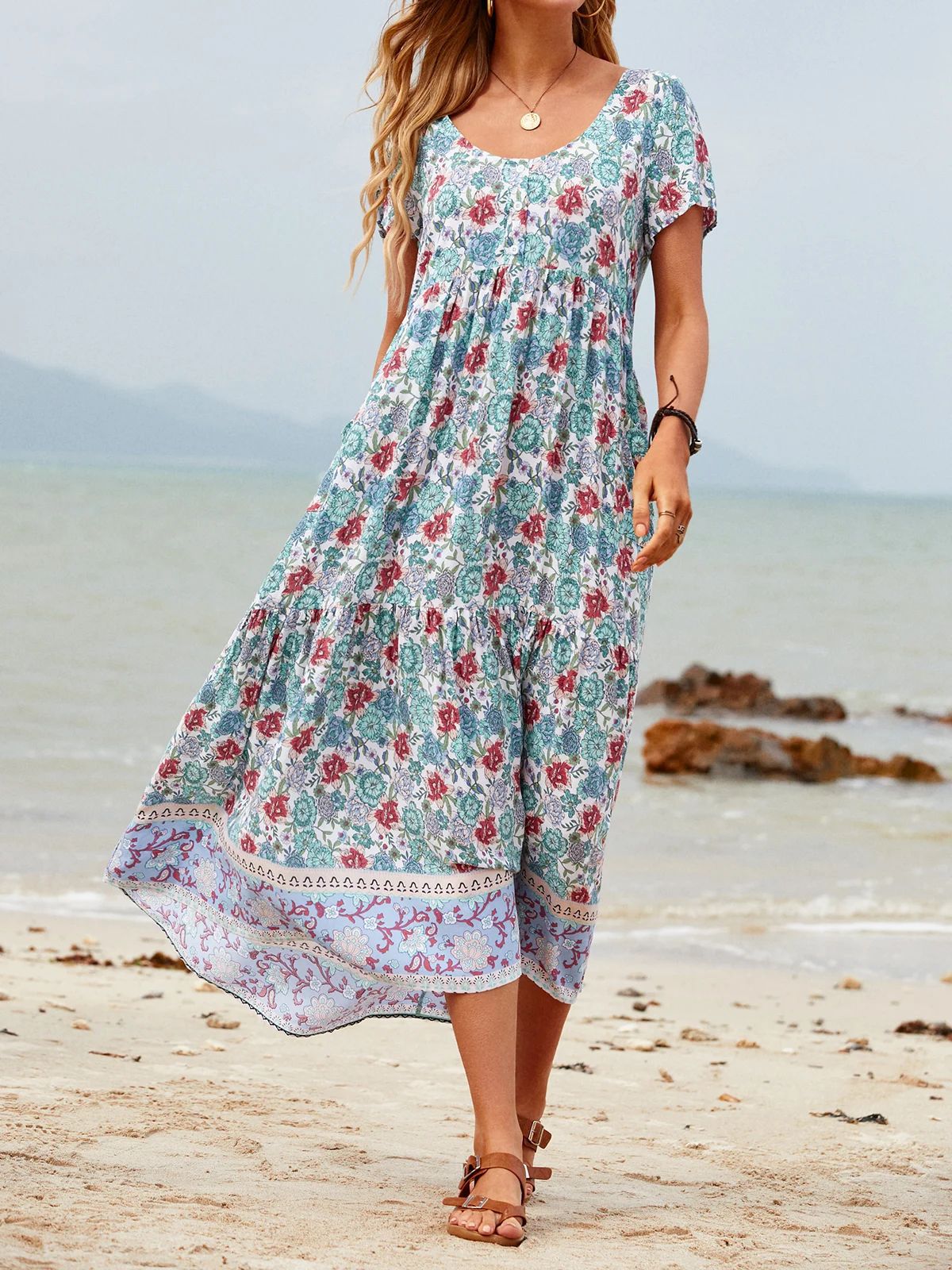  thdmladies Life Begins Green Floral Print Midi Dress thedmladies