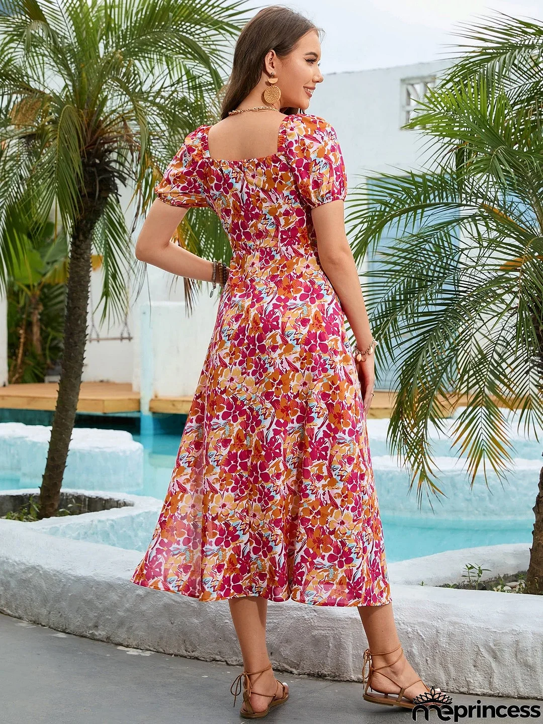 Floral Square Neck Short Sleeve Midi Dress