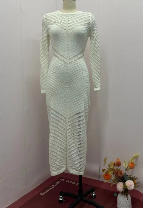 Ueong Ueong Women's Fall Round Collar Knit Hollow-Out Dress High Waist Tight Wrap Hip Dress
