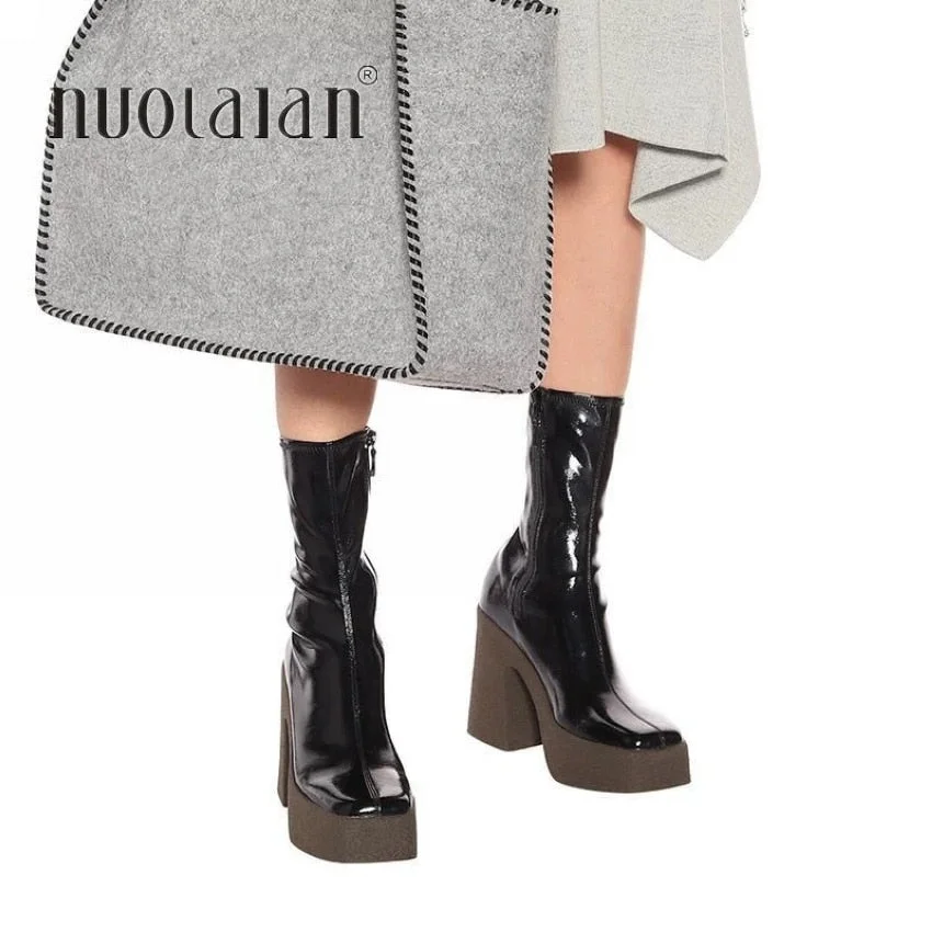 NEW 2021 autumn winter brand elastic leather shoes for women ankle boots sexy high heels balck brown female platform boots