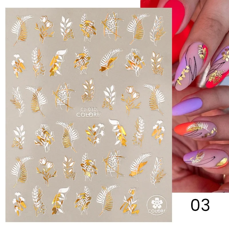 1 Pc White Gold Laser Leaves 3D Nail Stickers Leaf Cute Spring Sliders for Nails Flowers Adhesive Sticker Nail Art Design Decal-Nail Inspo