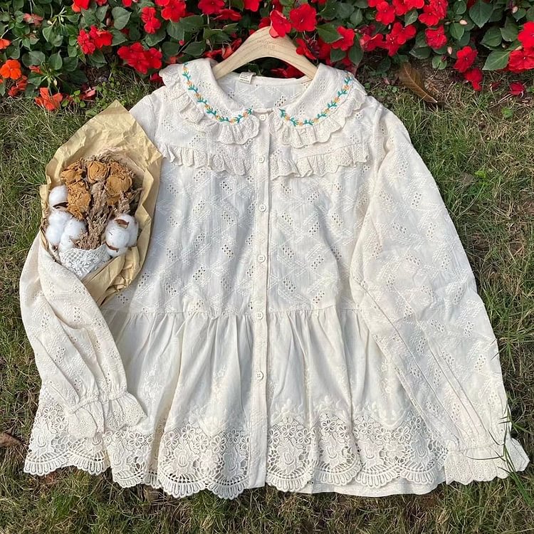 Queenfunky cottagecore style Pure Cotton Lace Embroidered Blouse QueenFunky