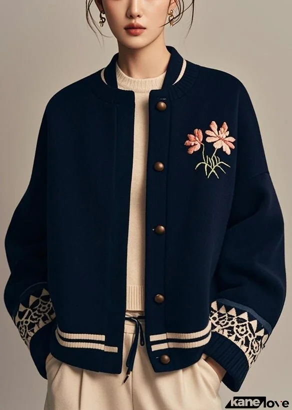 Loose Navy Stand Collar Button Print Cotton Coat Winter