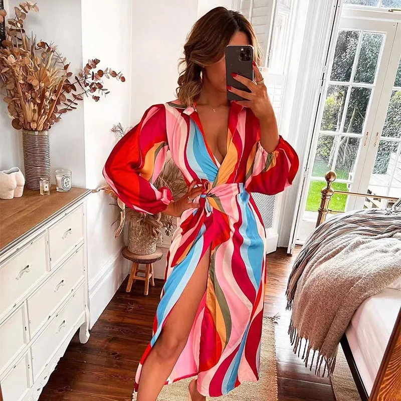 Women Vitange Pattern Print Boho Shirt Dress Female Fashion Lapel Long Sleeve Lace Up Robe 2022 Summer High Slit Loose Dresses