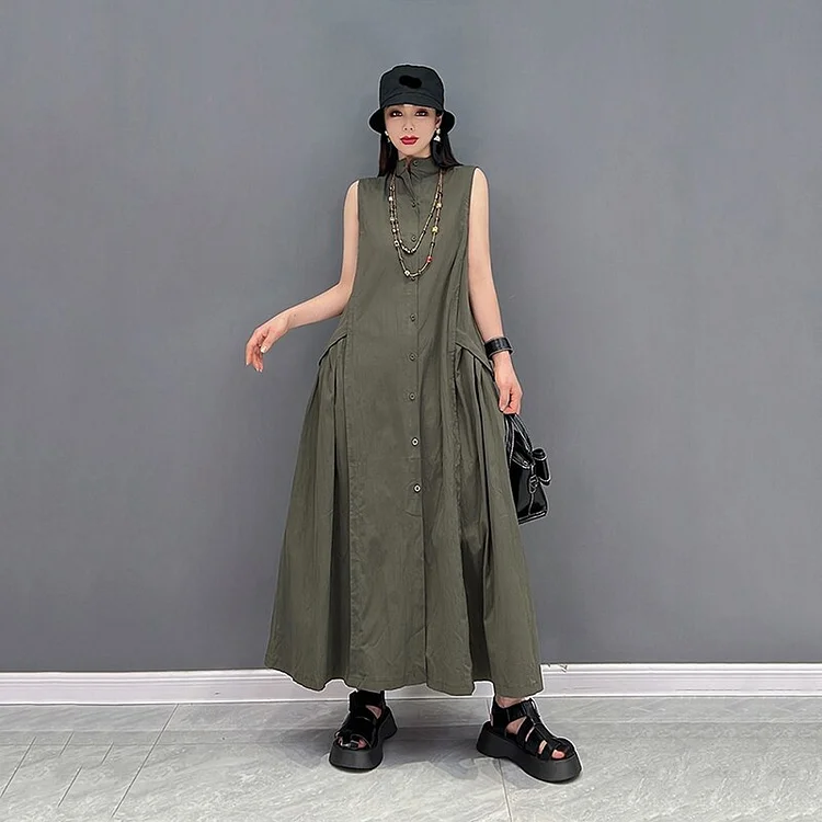 Loose Solid Color Stand Collar Folds Splicing Pockets Sleeveless Dress        