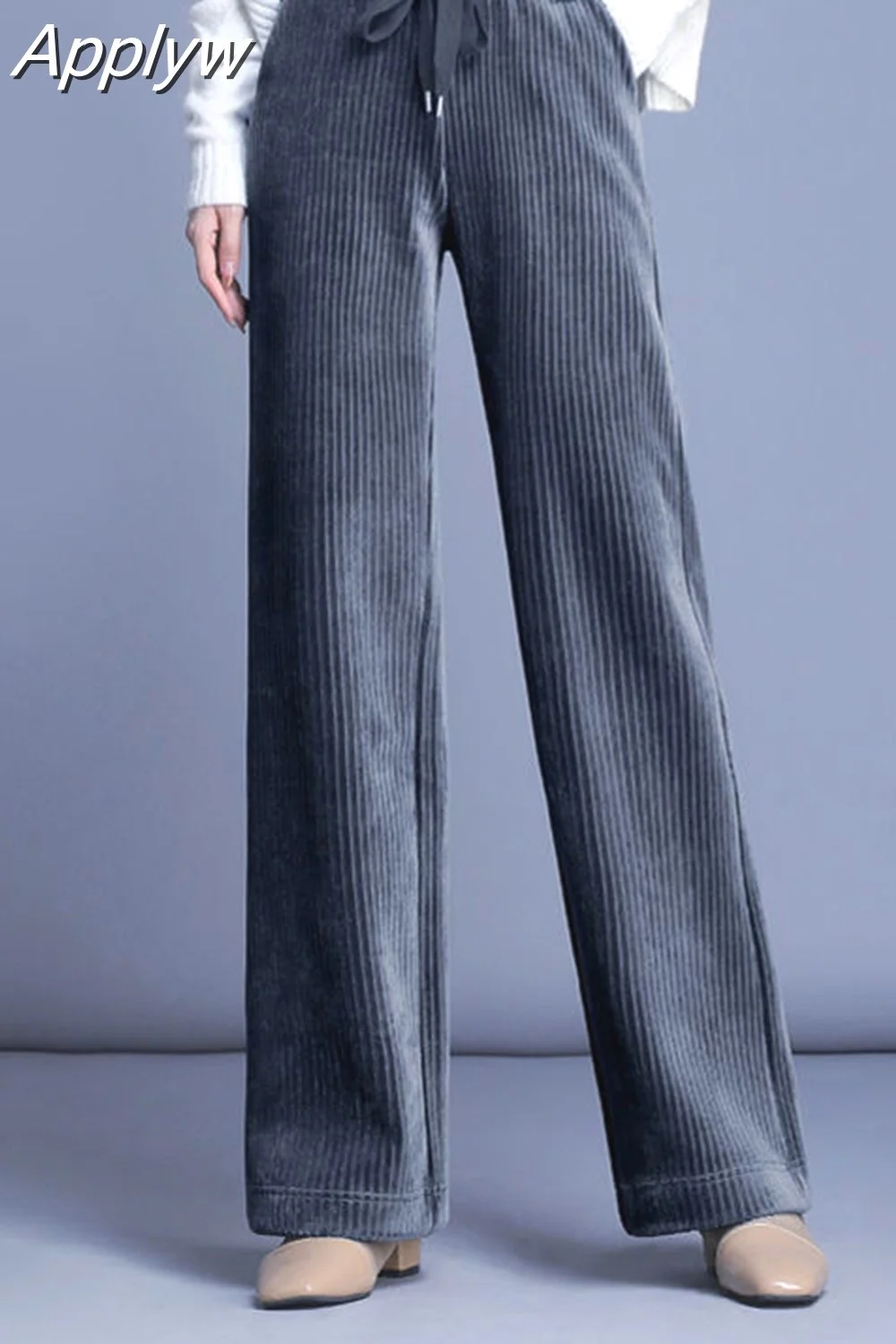 Applyw Corduroy Streetwear Wide Leg Pants Pockets Drawstring Autumn Winter Lace-up Full Length Loose High Waist Plus Size Soft