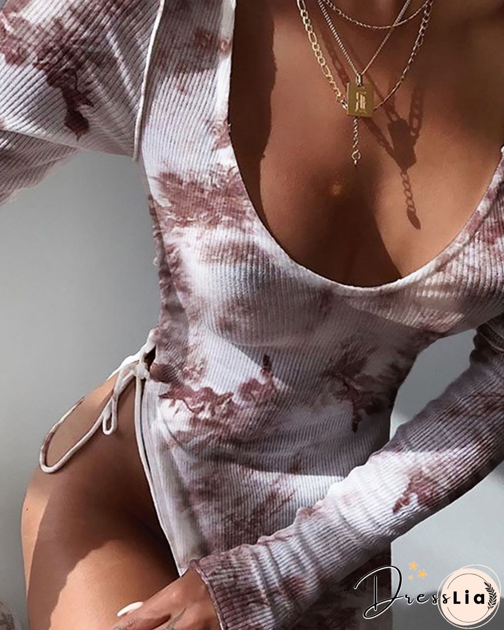 Tie Dye Print Side Slit Lace-up Ribbed Long Sleeve Dress