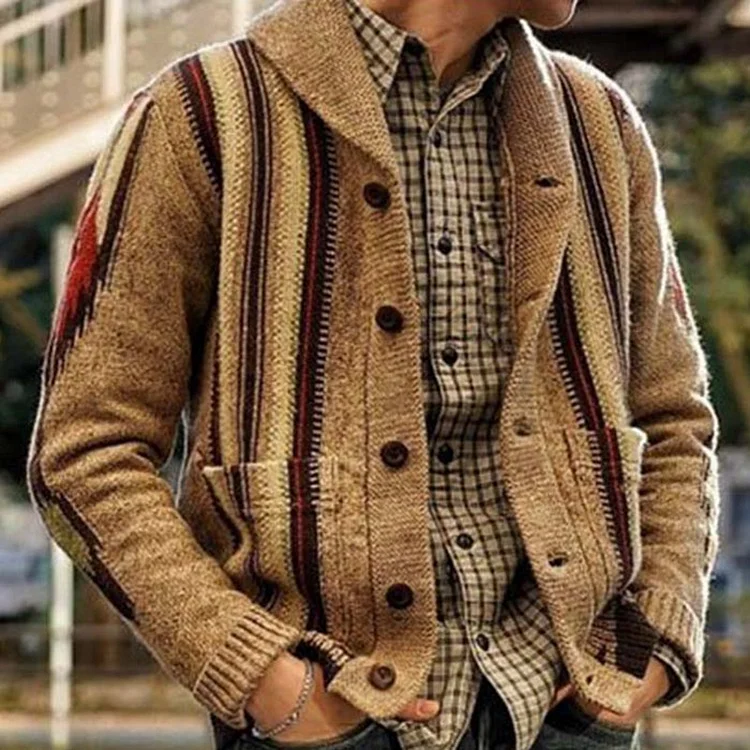Striped Jacquard Colorblock Lapel Collar Button Long Sleeve Sweater Coat