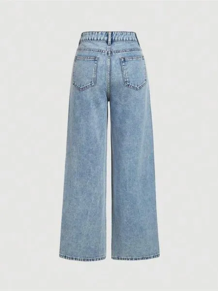Women's Elegant High-Waisted Wide-Leg Jeans, Fitted Woven Fabric, Rhinestone Embellished, All-Season Fashion Pants Women's Elegant High-Waisted Wide-Leg Jeans, Fitted Woven Fabric, Rhinestone Embellished, All-Season Fashion Pants