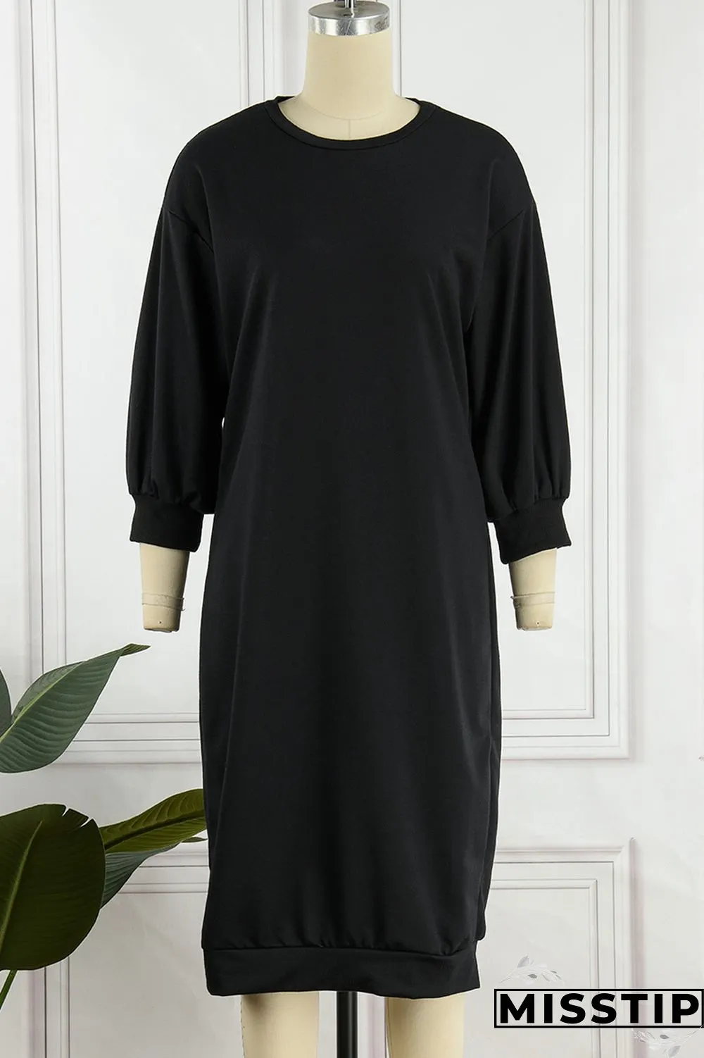 Brown Casual Solid Basic O Neck Long Sleeve Dresses