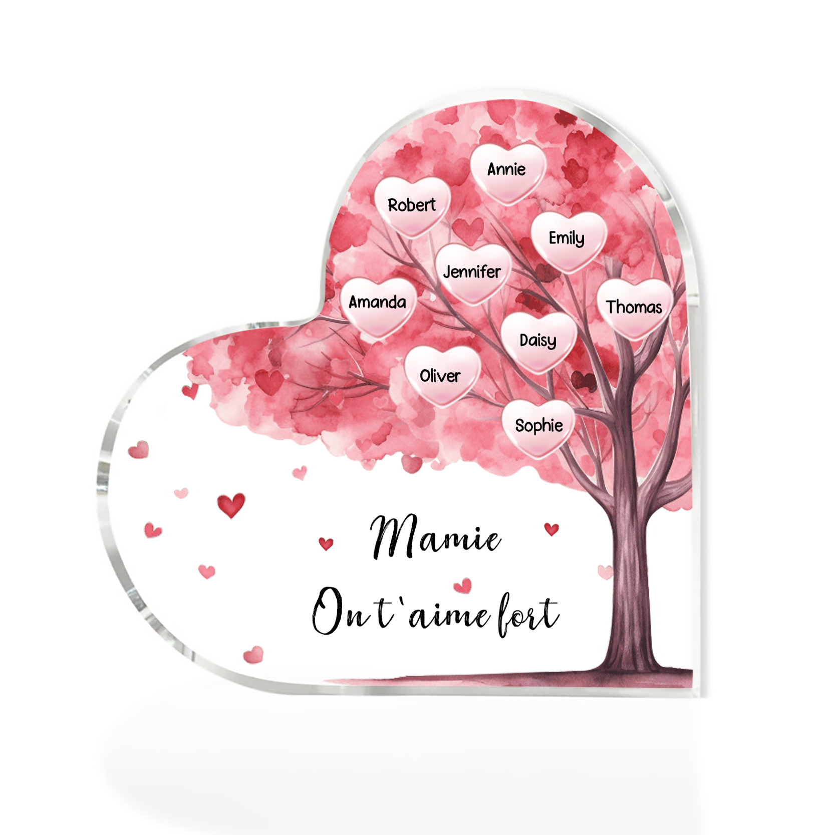 À ma Maman/Mamie - Plaque Acrylique Arbre en Forme de Cœur 9 Prénoms Personnalisés avec 1 Texte
