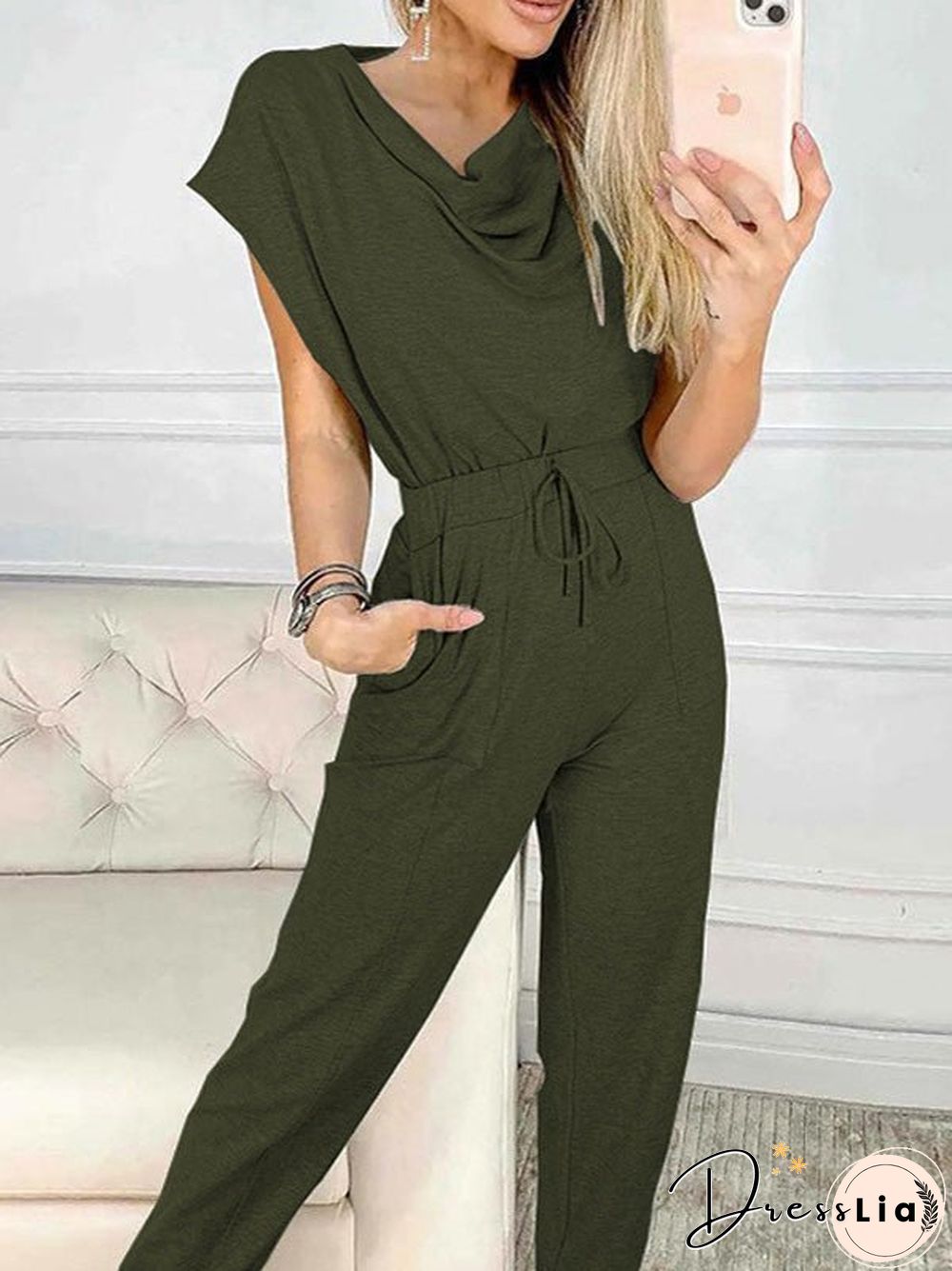 Women'S Jumpsuits Casual Pile Collar Belted Sleeveless Jumpsuit