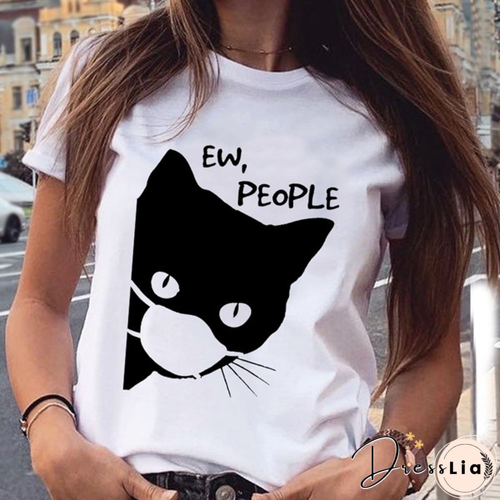 Women Graphic Cat Funny Face Animal Fashion Short Sleeve Spring Summer Cartoon Print Female Clothes Tops Tees Tshirt T-Shirt