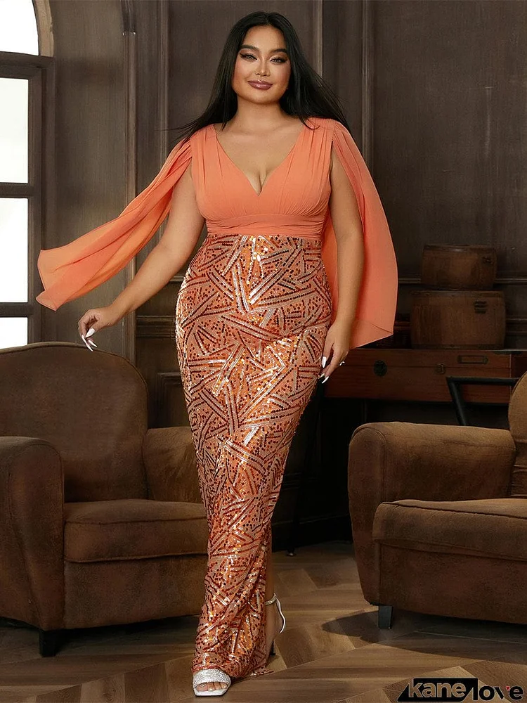 Plus Size V Neck Slit Sleeves Sequin Green Gown Dress PXH2285