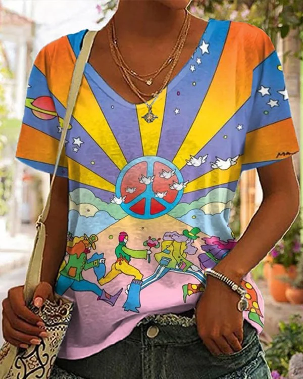 🔥kukelife🔥Hippie Peace Print Casual T-Shirt