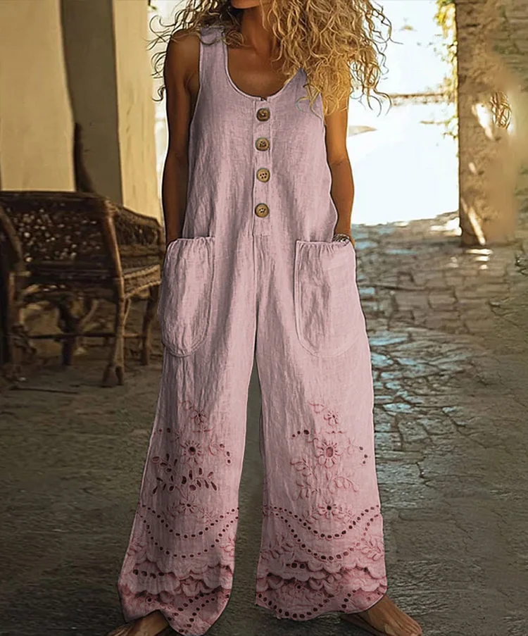 Vintage Floral Pattern Art Print Casual Wide-leg Jumpsuit