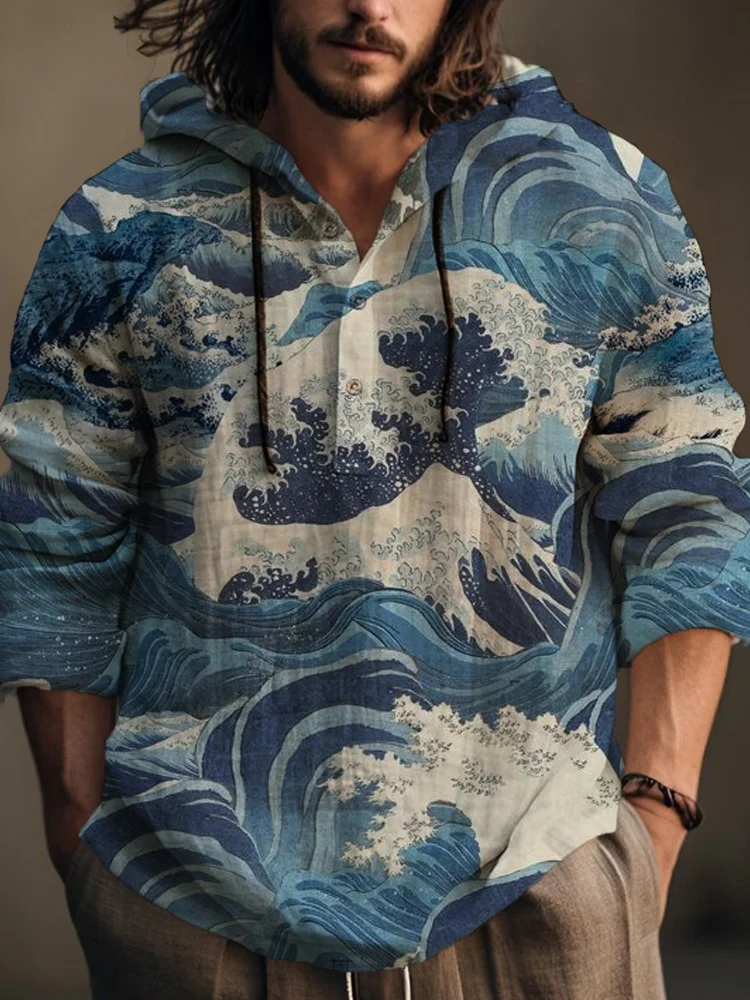 Men's Japanese Sea Wave Art Print Hooded Shirt