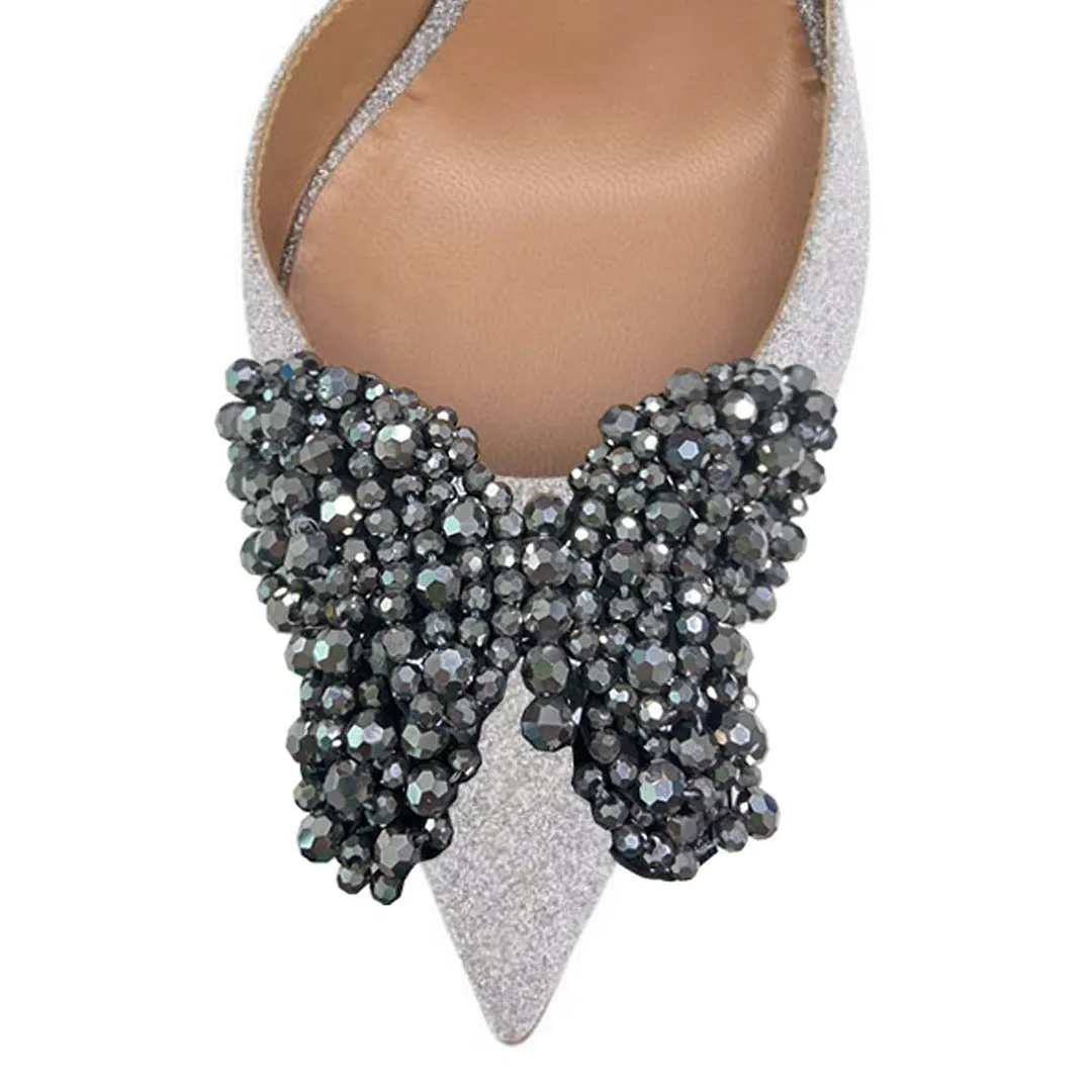 Rhinestone Butterfly Pointed Toe High Heel Glitter Silver Pumps