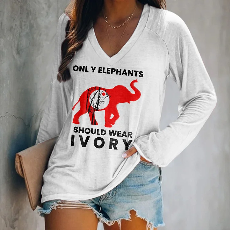 Comstylish Women's Save Animal Only Elephants Should Wear Ivory Print Long Sleeve Casual T-Shirt